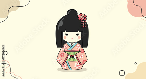 Cute traditional Japanese Kokeshi doll wearing a pink floral kimono with a red flower in its black hair on a soft background.