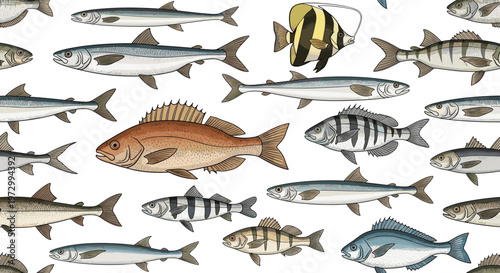 Seamless pattern design featuring an assortment of various realistic saltwater and freshwater fish species on a white background.