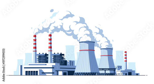 Large industrial power plant or factory building with tall chimneys emitting thick white smoke against a clear sky.