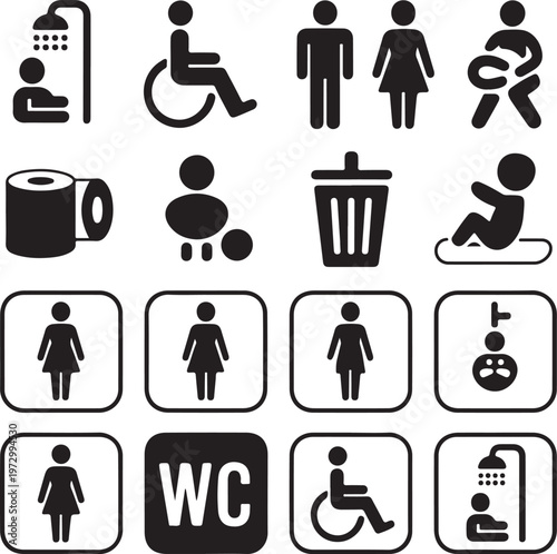 WC icon set. Toilet, restroom, man and woman, bathroom, disabled, dumpster, toilet paper, infant