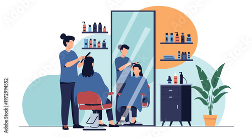 Professional hairdresser cutting a client's hair in a modern beauty salon with mirrors, shelves of products, and plants.