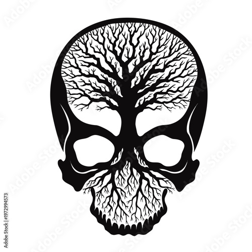 Gothic skull tree vector illustration, surreal human cranium with tree of life branches, black and white death and nature concept art