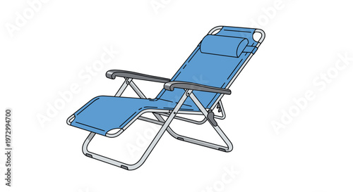 Adjustable blue folding lounge chair or sun lounger with armrests and a padded headrest for outdoor relaxation.