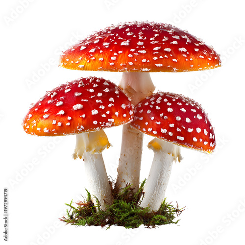 Vibrant red and white mushroom cluster against a transparent background