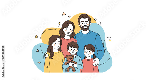 Smiling family of five including mother, father, and three young children standing together while son holds a cute brown teddy bear toy.