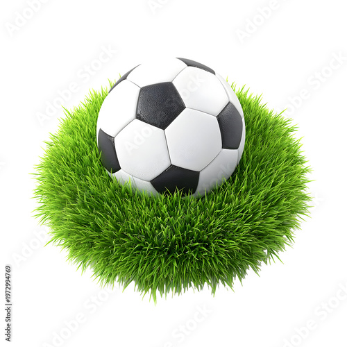 Soccer ball on lush green grass isolated against transparent background