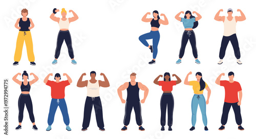 Diverse group of men and women in various fitness outfits and athletic wear flexing their muscles and striking bodybuilding poses in vector style.