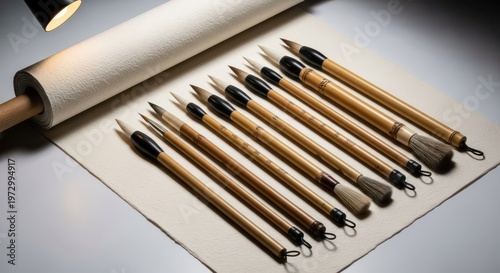 Set of Traditional Calligraphy Brushes Arranged on Paper