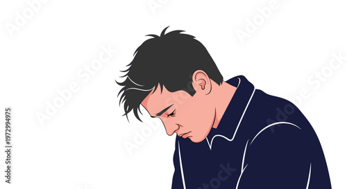 Profile view of a young man with dark hair looking down with a sad and depressed facial expression against a white background.