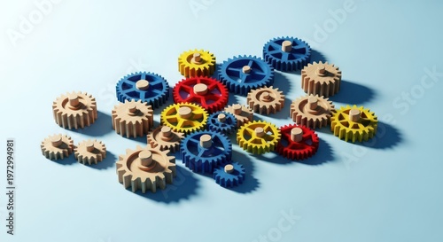 Colorful Interlocking Gears Working Together on a Light Blue Surface