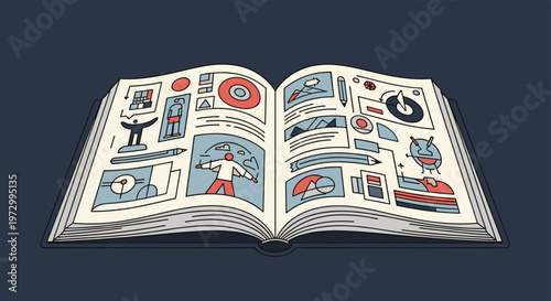 Open hardcover book displaying pages filled with educational infographics, charts, diagrams, and creative illustrations in a blue and red color scheme.