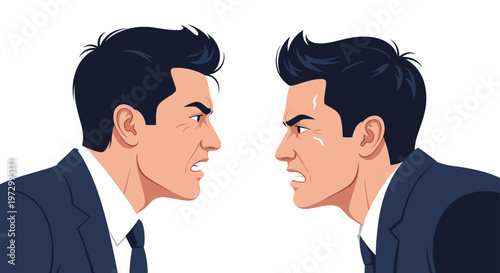 Two businessmen in dark blue suits and ties standing face to face while arguing with intense angry facial expressions and shouting.