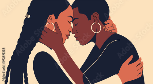 Intimate portrait of two black women with their foreheads touching in a loving and affectionate embrace against a soft background.