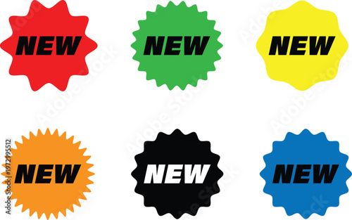 Six colorful starburst labels displaying the word new in white and black text