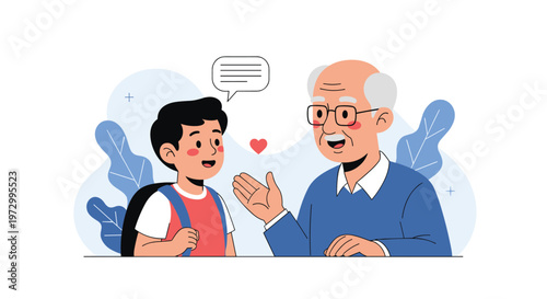 Caring grandfather with glasses talking to his young grandson wearing a school backpack with a heart symbol and a speech bubble between them.