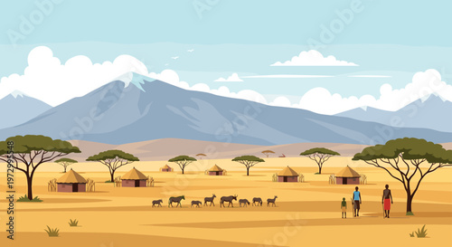 Beautiful African savanna landscape featuring traditional huts, acacia trees, mountains, wildlife animals, and people walking across the plains.