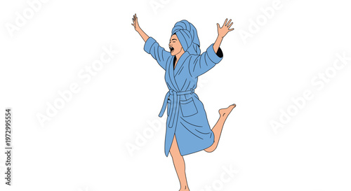 Energetic woman wearing a blue bathrobe and a matching head towel jumping in the air with a wide joyful expression and shouting.