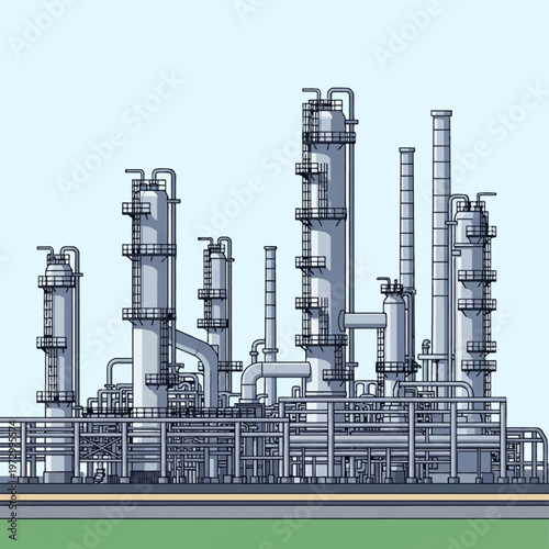 Detailed vector illustration of an industrial oil refinery and chemical processing plant featuring distillation towers, fractionating columns, interconnected metal pipes, and catwalks.