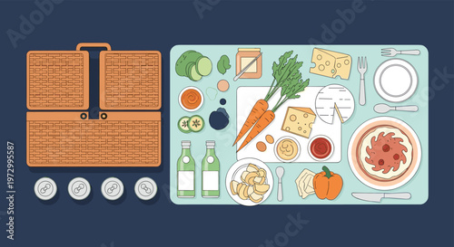 Traditional picnic set with wicker basket and assorted snacks like cheese, carrots, and wine bottles on a blue background.