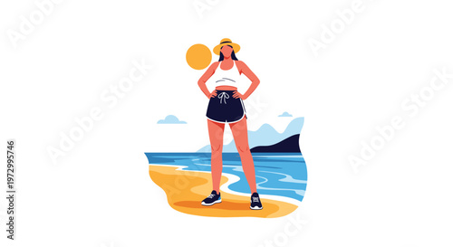Fit young woman in sporty clothing standing confidently on a sunny tropical beach with ocean waves in the background.