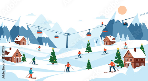 Vibrant winter scene at a mountain ski resort with people skiing, wooden cabins, pine trees, and a functional cable car.