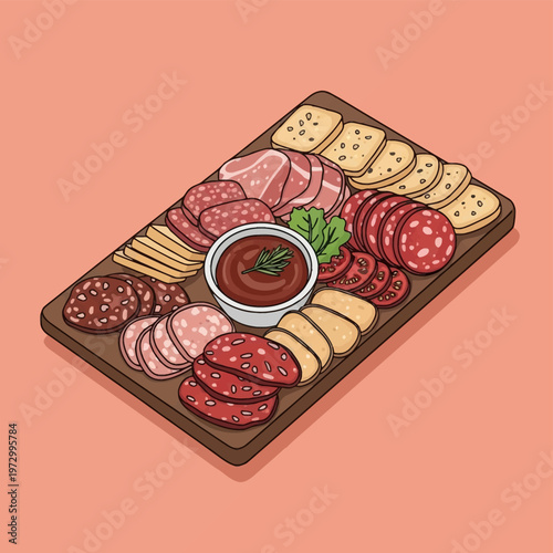 Vector illustration of a wooden charcuterie board featuring sliced salami, prosciutto, assorted crackers, cheese wedges, and a bowl of dip garnished with herbs on a solid peach background.