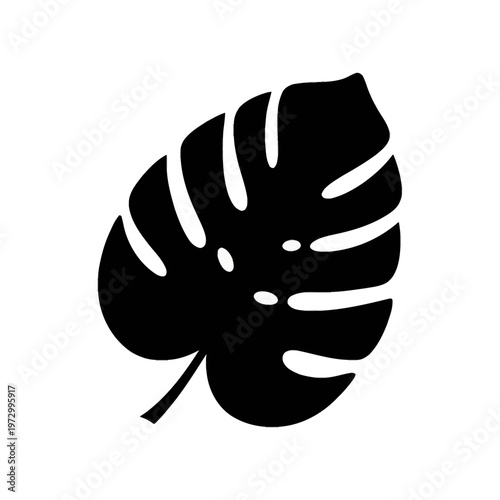 Minimalist black vector silhouette of a Monstera Deliciosa leaf icon isolated on white background. Botanical foliage illustration with characteristic fenestrations and split edges.