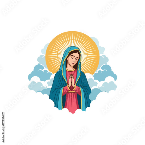 Detailed vector illustration of the Virgin Mary wearing a blue veil and red dress, hands joined in prayer, positioned before a golden sunburst halo and soft clouds, white background.