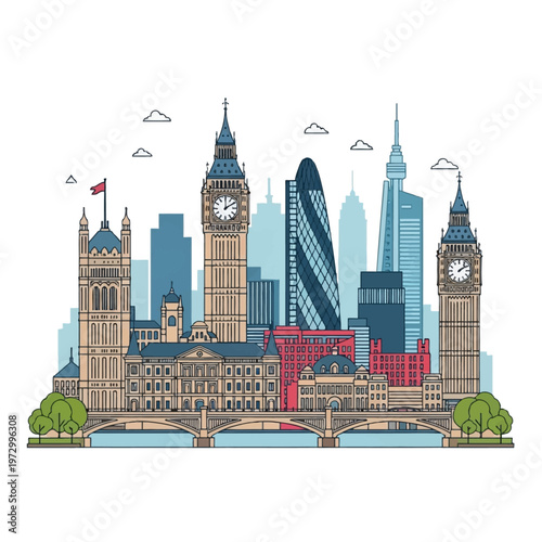 Flat vector illustration of the London skyline featuring Big Ben, the Palace of Westminster, Westminster Bridge, The Gherkin, and BT Tower against a white background.