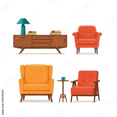 Mid-century modern furniture collection featuring a wooden sideboard with a teal table lamp, two tufted orange armchairs, a yellow wingback armchair, and a small wooden side table.