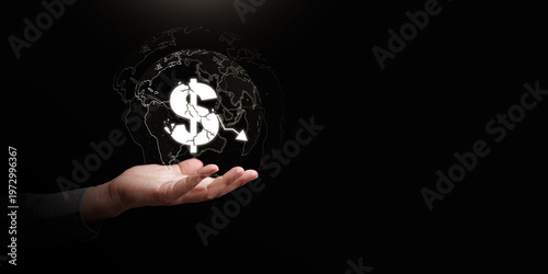 фотографія Open hand holding a cracked dollar sign with a falling arrow over a global map and copy space