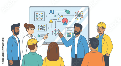 Diverse team of professionals collaborating on Artificial Intelligence (AI) project, discussing algorithms and neural networks on a whiteboard