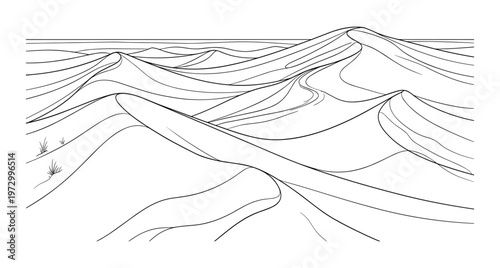 Desert sand dunes landscape drawing in black and white wavy lines flowing shapes