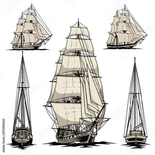 Set of five vintage sailing ship vector illustrations featuring tall ships, galleons, and clippers with detailed rigging and cream-colored sails from multiple nautical angles.