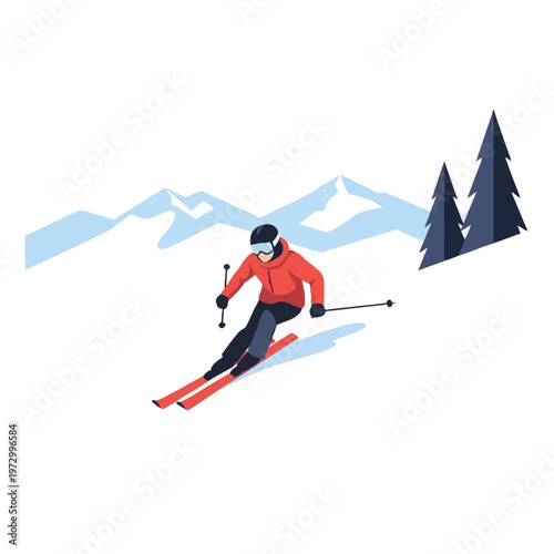 Minimalist vector illustration of a male skier wearing a red jacket and helmet downhill skiing on a snowy slope with mountains and pine trees in the background isolated on white.
