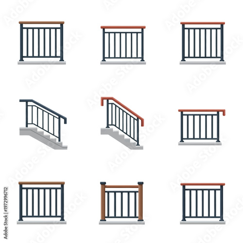Vector set of metal and wooden railing sections for balconies and stairs featuring flat designs with balusters, handrails, and banisters isolated on a white background for architecture.