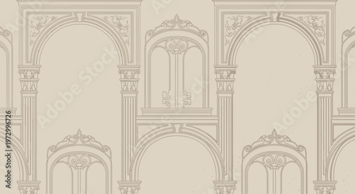 Elegant Architectural Arches and Columns, Classic Design, Beige Background