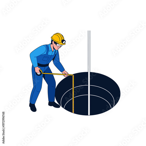 Worker with measuring tape assessing a large circular opening, possibly a mine shaft or well, for safety and depth measurement