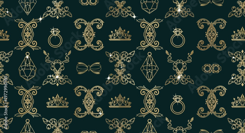 Elegant Gold Jewelry and Gemstone Pattern on Dark Teal Background