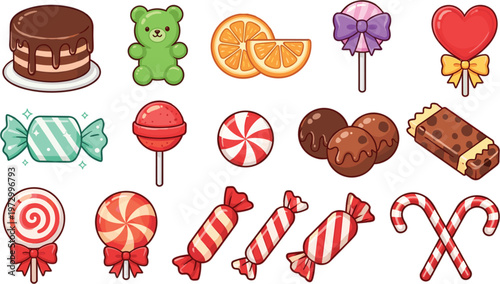 Candy and Sweets Icon Set Featuring Lollipops, Gummy Bears, Chocolate, and Colorful Treats for Dessert and Sweet Treat Designs