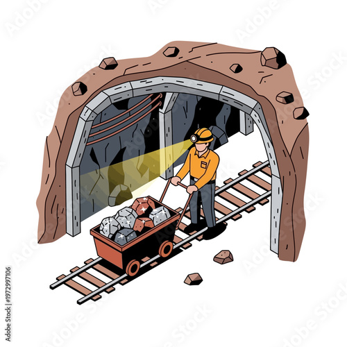 A miner with a cart full of rocks and minerals walking through a mine shaft, illustration