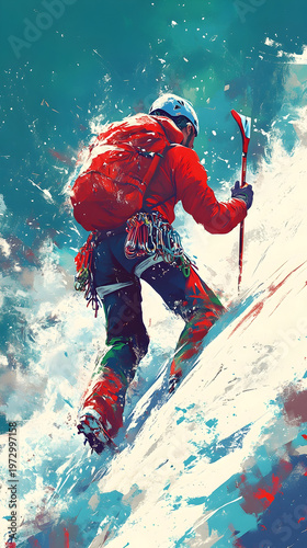 Adventurous climber ascending a snowy mountain peak, surrounded by swirling snow and ice