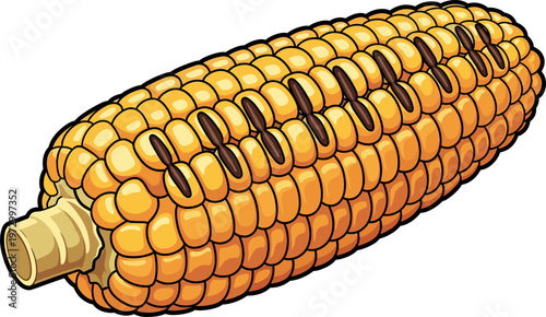 Vector Illustration of a Fresh Ear of Corn with Yellow Kernels and Green Husk on a White Background