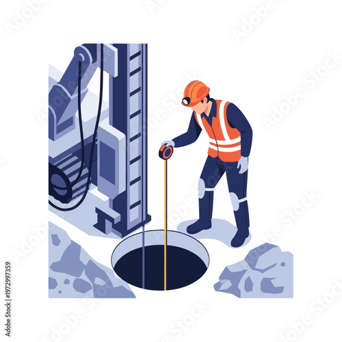 Worker measuring depth of a mine shaft using a tape measure, illustration