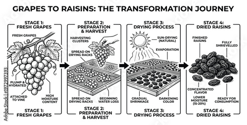 Grapes to raisins transformation journey natural sun drying process on drying racks
