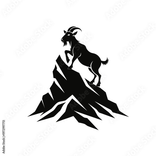 Mountain goat silhouette vector, black mountain peak climbing animal icon, wild ibex standing on rocky summit, outdoor adventure logo