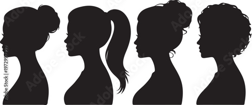 a sign of several female silhouettes in profile. vector on isolated background. turn. number. diversity young women for poster or text. elegant background as well.