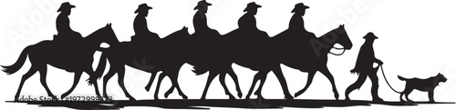A vector silhouette three cowboys and one cowgirl riding horses and one cowboy is walking and leading a horse. There are also two cow dog silhouettes.