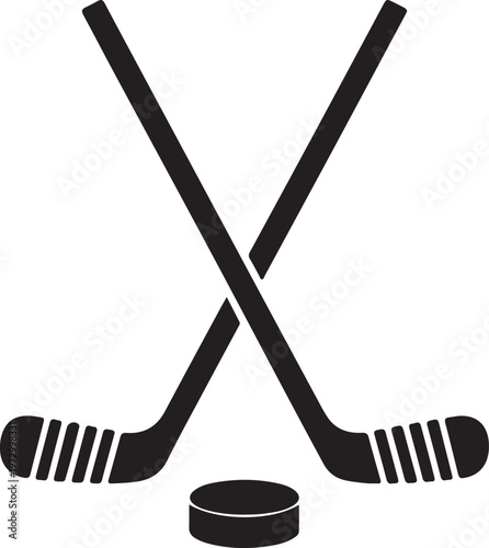 A vector illustration of two crossed hockey sticks and a puck
