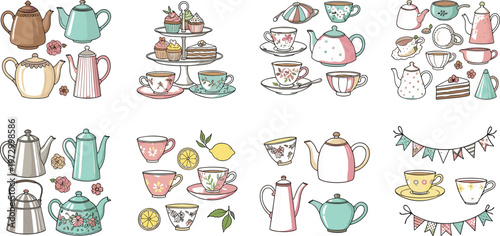 Vintage Tea Set Collection Featuring Teapots Cups Saucers and Floral Designs for Elegant Afternoon Tea Party Illustration and Kitchen Decor Graphics